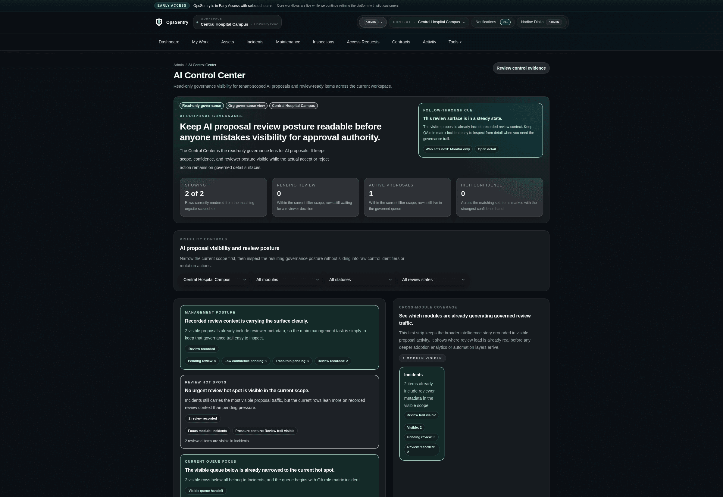 OpsSentry review workspace showing controlled operational guidance and review context