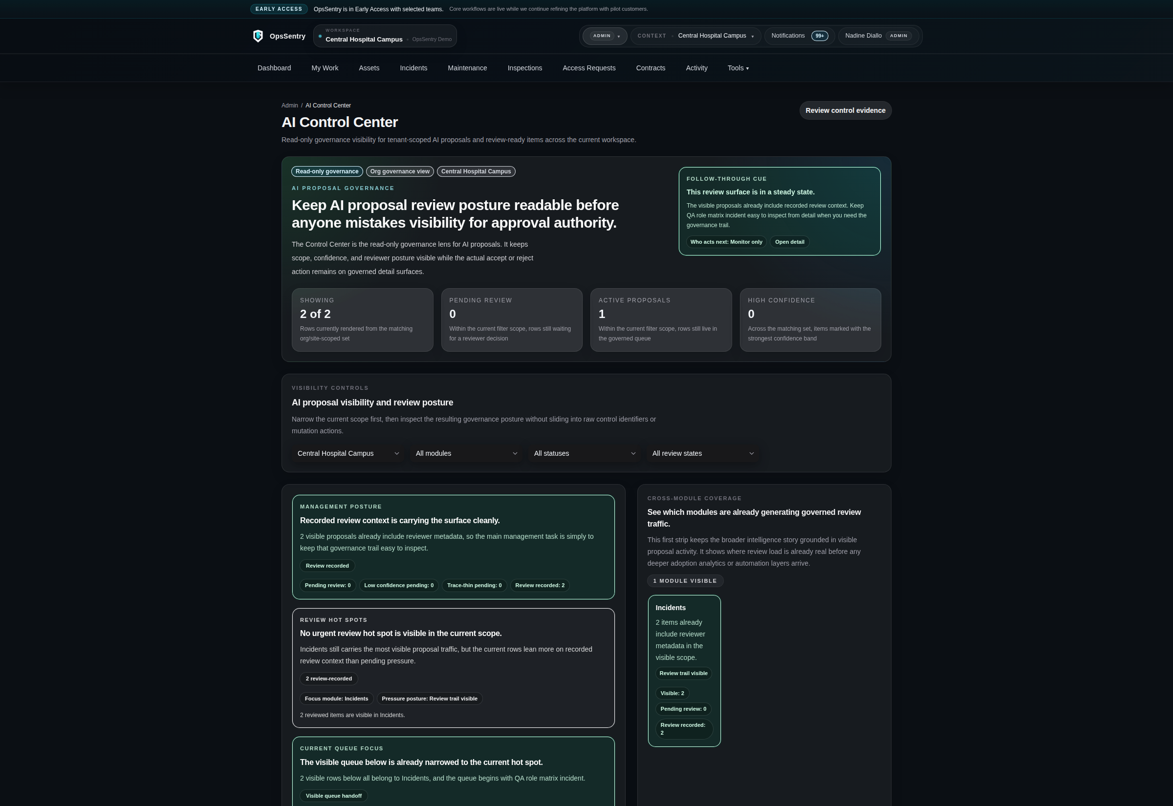 OpsSentry AI Control Center showing review-first proposal governance, visible scope, and controlled follow-through cues